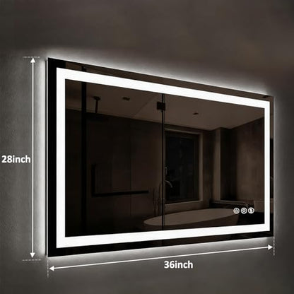 ROOMTEC 36x28 Inches LED Bathroom Mirror with Lights, Vanity Mirror with Front and Backlight, Smart Dimmable Anti-Fog LED Mirror for Bathroom, Memory Function, Tempered Glass (Horizontal/Vertical) - size: 36"L x 28"W