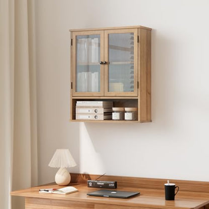 Bathroom Medicine Cabinet, Bathroom Wall Cabinet, Bathroom Cabinet Wall Mount, Medicine Cabinets for Bathroom with Glass Door - color: Wood Color