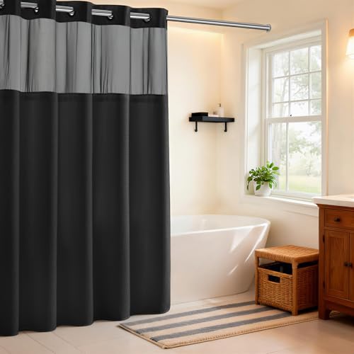 RiverDream Heavyweight Waffle No Hook Shower Curtain with Liner,Black,71x74 | Dotted Waffle,Snap-in Liner,Heavy Duty,Quick Dry,Mesh Top Window,With Bottom Magnets,Hotel-Grade,Washable,Standard Size - color: Black, size: 71"W x 74"L (Pack of 1)