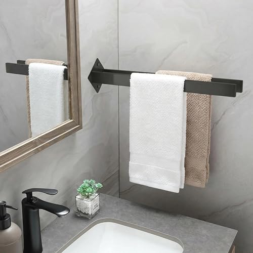 Double Rod Towel Bar 16 Inch, SUS304 Stainless Steel Wall Mounted Towel Holder, Bathroom Kitchen Double Layer Towel Rail, Modern Design Square Wall Towel Rack for Bathroom, Kitchen Black - color: Black
