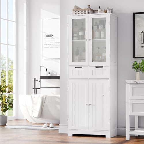 HORSTORS 67" H Bathroom Storage Cabinet, White Linen Cabinet with Drawers | Freestanding Bathroom Cabinet with Glass Door & Shelf, Modern Tall Storage Cabinet for Bathroom, Living Dining Room, Kitchen - color: White