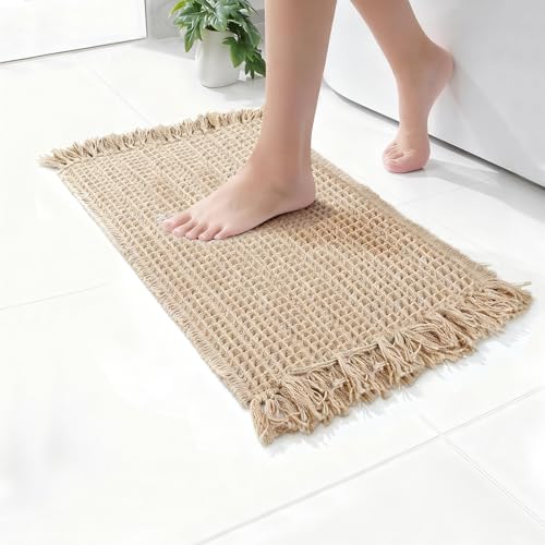 Waffle Bath Mat, Super Absorbent Waffle Bathroom Rug with Tassels, Non Slip Bath Mats for Bathroom Floor, Ultra Soft Boho Bath Mat, Quick Dry Shower Mat, Machine Washable, 18"×30", Khaki - size: 18"×30"