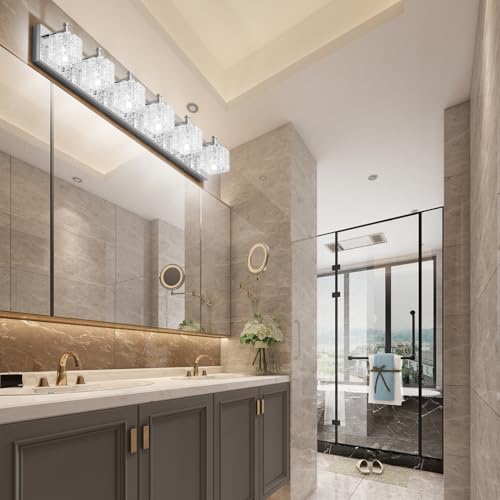 Ralbay Modern Crystal Bathroom Light Fixtures 6 Lights LED Modern Chrome Vanity Light Fixtures Over Mirror Crystal Bathroom Vanity Lights - color: Chrome, size: 40 inch