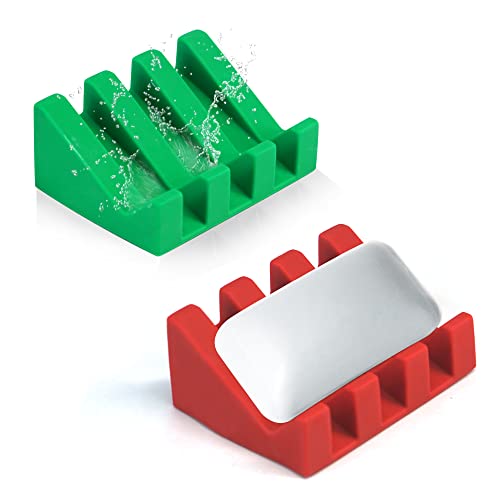 Self Draining Silicone Soap Dish Holder Waterfall Tray, 2 Pack Red Green | Waterfall design drains fast to keep soap dry, non-slip silicone base anti slide, soap saver for bathroom & kitchen - color: Red-green, size: 2