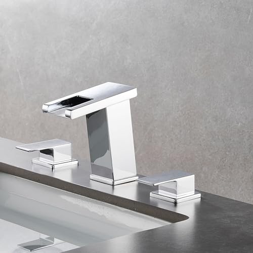 LED Bathroom Faucet 3 Hole, Chrome Waterfall Bathroom Faucets, 8 Inch Widespread Modern Bathroom Sink Faucet & Parts, Wide Spread Touch On Three Hole 2 Handle 3 Piece Bathroom Vanity Faucet - color: Chrome