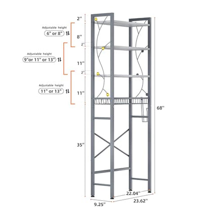 Over-The-Toilet Storage Rack, 4-Tier Bathroom Organizer Shelf Over Toilet with Adjustable Shelf and Basket, Freestanding Space Saver Bathroom Shelves Above Toilet for Room (Gray White) - color: Gray White