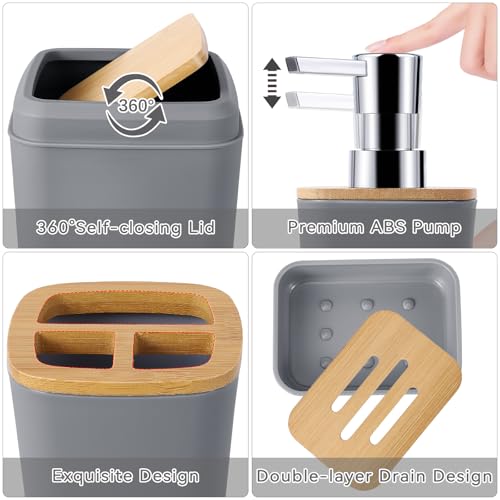 Grey Bathroom Accessories Set with Trash Can 9 Piece Grey Bathroom Decor Toothbrush Holder,Toothbrush Cup,Lotion Soap Dispenser,Vanity Tray,Soap Dish,Toilet Brush,Qtip Holder - size: Bath Set, style: Grey