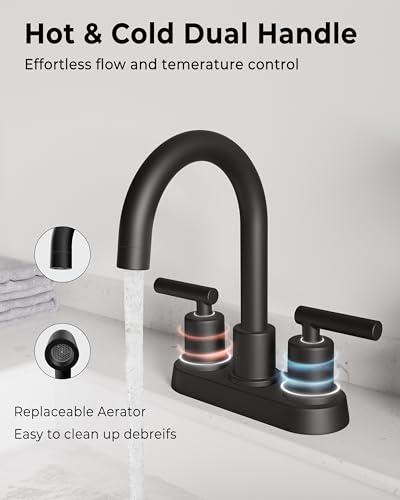 VXV Bathroom Sink Faucet 4 Inch 2 Handle Centerset Utility Lavatory Vanity Modern 360 Rotating Black Water Faucet with Pop-up Drain Stopper Assembly and Supply Lines Fits 2 Hole - color: Matte Black