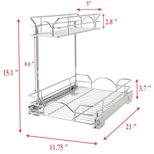 OCG Under Sink Cabinet Organizer Two Tier Pull Out Shelf (11.75W x21D), Under Sink Sliding Shelf for Kitchen Bathroom Cabinet 2 Tier Chrome - size: 11.75"W x 21"D