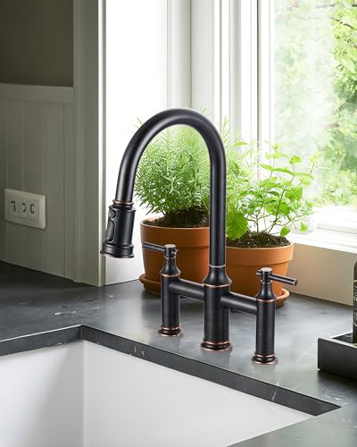 Bridge Faucet Oil Rubbed Bronze: Brass Two Handles Bridge Kitchen Faucet with Pull Down Sprayer - 3 Hole 8 Inch Centerset Kitchen Sink Faucet for Farmhouse RV Laundry, 360° Swivel Spout - color: Oil Rubbed Bronze