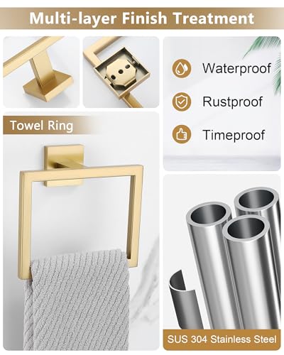 Brushed Gold Bathroom Accessories, Toilet Paper Holder, Towel Ring & Hooks | Lairuier Bathroom Hardware Set, Toilet Paper Holder Set SUS304 Stainless Steel Bath Hand Towel Ring for Bathroom Wall Mounted - color: Brushed Gold