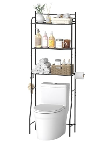 3-Tier Over The Toilet Storage, Bathroom Organizer, Space-Saving, Above Toilet Storage Rack with 4 Hooks and Paper Holder, Metal Shelf, Black - size: 3 Tier-Black