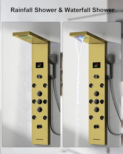 Homevacious Polished Gold 5 In 1 Shower Panel Tower System Stainless Steel | LED Rain Waterfall Shower Head and Adjustable Massage Body Jets 3 Settings Handheld Head and Tub Spout Bathroom Panel - color: Polished Gold