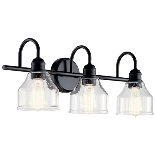 Kichler Avery 24" 3 Light Bathroom Vanity Light in Black, Vintage Bathroom Wall Mount Fixture with Clear Seeded Glass, (24" W x 9.25" H), 45973BK - color: Black, size: 3-Light