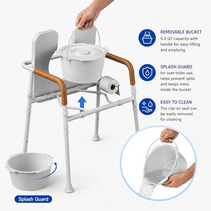 3-in-1 Bedside Commode for Seniors | 350lbs Reinforced Iron, Padded Seat & Arms, Height Adjustable Toilet Rails, Raised Toilet Seat with Bucket & Splash Guard