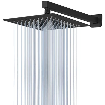 Voolan All Metal Shower Head with Extension Arm, Stainless Steel Waterfall Rainfall Showerheads, High Flow Bathroom Square Rain Shower Head (10’’ Shower Head with 16’’ Shower Arm, Black) - color: Matte Black, size: 10’’ Shower Head with 16’’ Shower Arm