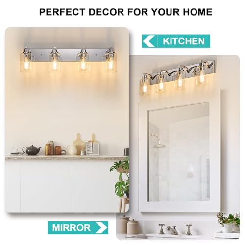 4-Light Bathroom Light Fixtures Modern Chrome Vanity Lights | Easy to Install Clear Glass Shades, Wall Mount Up or Down, E26 Socket, Hardwired, 127V - color: Chrome, size: 4 Lights