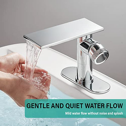 becola Modern Chrome Bathroom Faucet， Waterfall Faucet for Bathroom Sink， Single Hole Bathroom Sink Faucet Cold and Hot Basin Mixer Tap， Single Handle Bathroom Faucet with Adjust Knobs and Deck Plate - color: Chrome, size: low