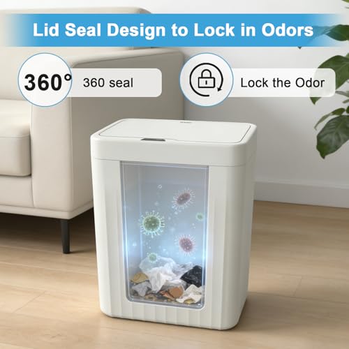 Naisu 4 Gal Bathroom Trash Can with Lid,Automatic Garbage Can with Touchless and Sealed Design,Slim Motion Sensor Waterproof Plastic Trash Bin Suitable for Bedrooms,Bathrooms,Kitchens（2 Pack, White）
