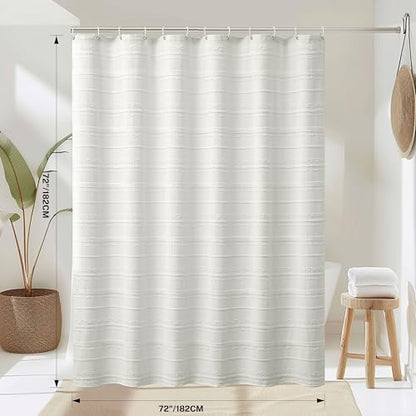 Farmhouse White Shower Curtain Boho, 72 x 72 Cotton Blend Tufted Weave Waffle Stripe Textured Heavy Duty, Fabric Shower Curtain for Bathroom, Hotel - color: White B, size: 72"W x 72"L (Pack of 1)