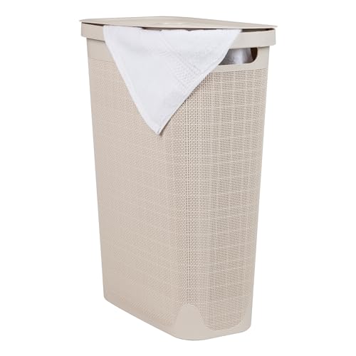 Mind Reader Slim Laundry Hamper with Lid, 40L Clothes Basket, Linen Design, Plastic, Ivory - color: Ivory