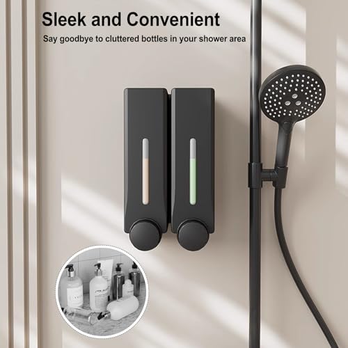 2 Chamber Shower Dispenser Wall Mounted, No Drill Shampoo and Conditioner Dispenser, Large Capacity Liquid Soap Pump for Bathroom and Hotel, Black