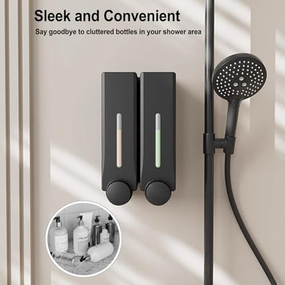 2 Chamber Shower Dispenser Wall Mounted, No Drill Shampoo and Conditioner Dispenser, Large Capacity Liquid Soap Pump for Bathroom and Hotel, Black