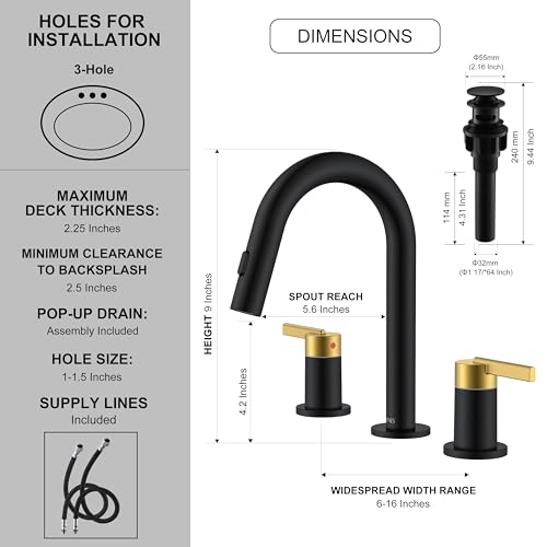Black and Gold Pull Down Widespread Bathroom Faucet 3 Hole 2 Handle | Pull Out Bathroom Faucet with Pop Up Drain & Supply Lines, Lead-Free cUPC & NSF Certified, 8 Inch Faucet for Vanity RV Sink - color: Black & Gold