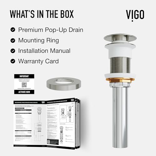 Vigo Bathroom Sink Pop Up Drain Without Overflow, Brushed Nickel Drain Stopper with ClogFree QuickDrain Technology & Matching Mounting Ring - color: Brushed Nickel