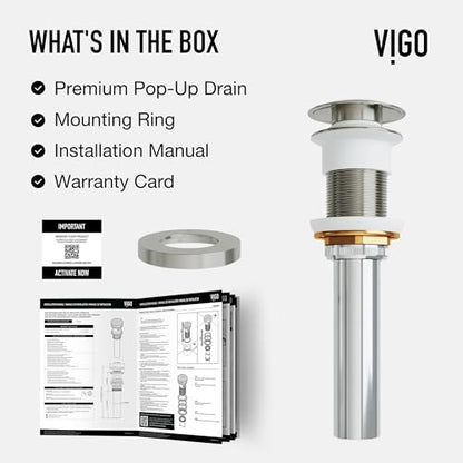 Vigo Bathroom Sink Pop Up Drain Without Overflow, Brushed Nickel Drain Stopper with ClogFree QuickDrain Technology & Matching Mounting Ring - color: Brushed Nickel
