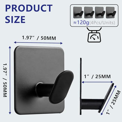 Black Adhesive Towel Hooks 2" Heavy Duty Sticky Hanger Bathroom Wall Mount | No Drilling for Hanging Towel Coat Robe Hat, Stainless Steel Hook for Shower Kitchen RV, No Tool, Waterproof Rustproof 4 Pack - color: Sq- Black