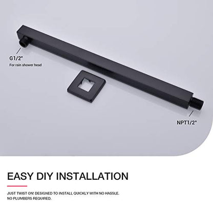 Matte Black Shower Arm with Flange 16 Inch Wall Mounted Extension Arm for Bathroom Rainfall Shower Head, Stainless Steel, Square Shaped - color: Matte Black