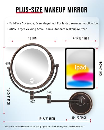 10" Brass Large Wall Mounted Makeup Mirror with Extension Arm Lighting | 3 Color LED Touch Dimming, 1/5X Double-Sided Magnifying Vanity for Bathroom, Hard Wired Oil Rubbed Bronze - color: Oil Rubbed Bronze