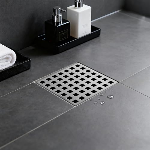 4 Inch Square Shower Drain, 304 Stainless Steel Cover Panel with ABS Frame, Removable Quadrato Pattern Grate with Hair Catcher, CUPC Certified, Brushed Nickel
