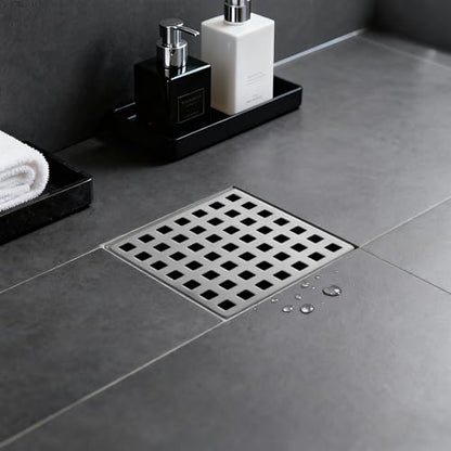 4 Inch Square Shower Drain, 304 Stainless Steel Cover Panel with ABS Frame, Removable Quadrato Pattern Grate with Hair Catcher, CUPC Certified, Brushed Nickel