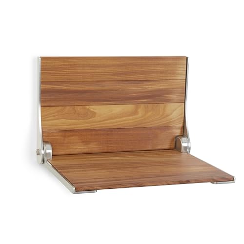 Seachrome Silhouette Natural Teak Wood Wall Mount Folding Shower Seat Bench with Silver Frame - color: Teak Wood Seat With Silver Frame