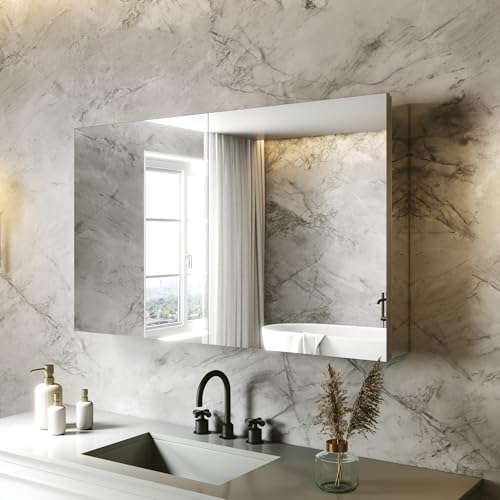 40 x 24 in Medicine Cabinet with Mirror and Side Panels, Silver | Surface or Recessed Medicine Cabinet Mirror with Storage, Adjustable Shelves, Aluminum Alloy Frame, Assembly Required - size: 40''x24''