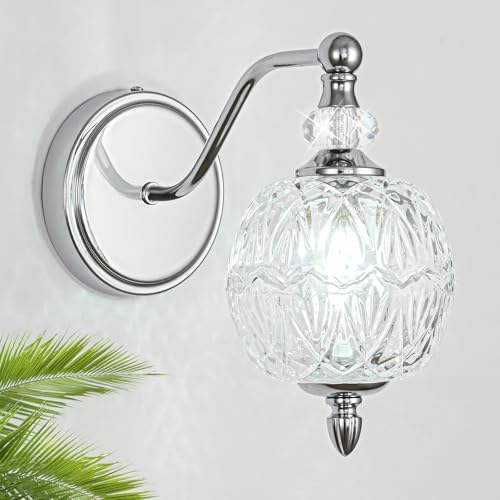 1 Piece Brushed Chrome Wall Sconce, 1-Light Mid Century Modern Brushed Chrome Finish Wall Sconce with Globe Glass Shade, Modern Light for Bathroom, Bedroom, Living Room,Powder Room - color: Chrome, size: 1 Light