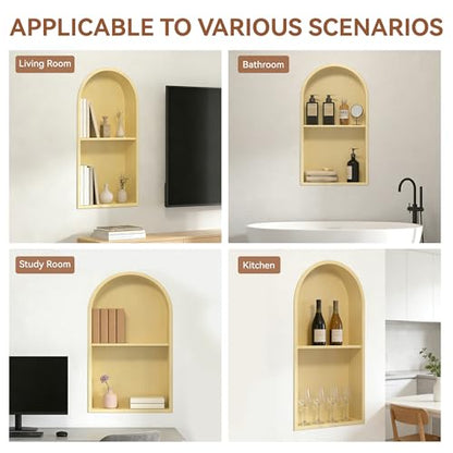 SUPERFLO Arched 12"×24" Matte Gold Stainless Steel Shower Niche for Bathroom Shower Wall, No Tile Needed Shower Shelves, Recessed Wall Niche, Double Shelves - color: Matte Gold-arched, size: 24x12" Double Shelf