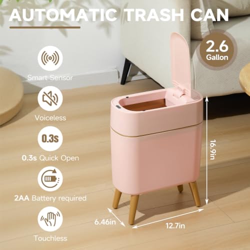 Automatic Bathroom Trash Can,Tall Slim Sensor Waste Basket,Pink Gold | 2.6 Gallon Waterproof Motion Sensor Trash Can, Small Garbage bin for Bedroom,Office,Living Room,Kitchen,RV,Restroom,Laundry - color: Pink
