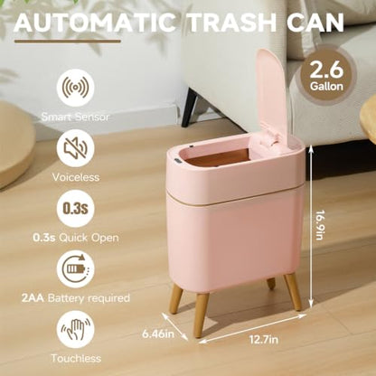 Automatic Bathroom Trash Can,Tall Slim Sensor Waste Basket,Pink Gold | 2.6 Gallon Waterproof Motion Sensor Trash Can, Small Garbage bin for Bedroom,Office,Living Room,Kitchen,RV,Restroom,Laundry - color: Pink