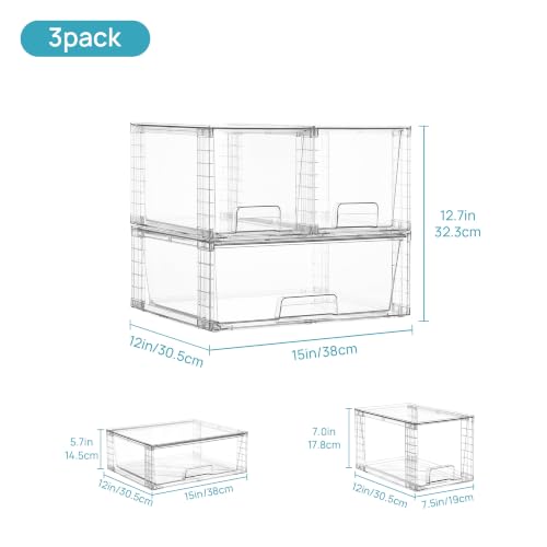 Vtopmart Clear Stackable Storage Drawers, 3 Pack Wide Organizer Set | Wide and Medium Pull-Out PET Drawers with Stackable Design for Flexible Storage, Cabinets, Closets, Pantry - style: 1 Wide+2 Medium