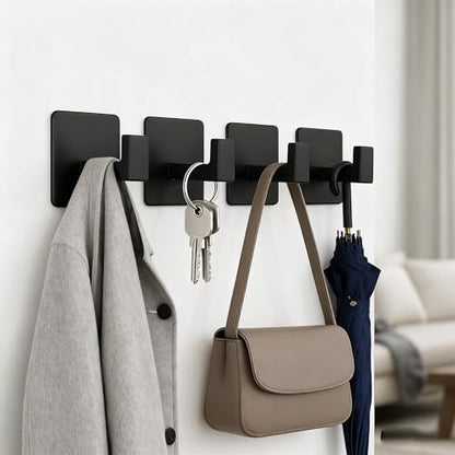 Towel Hooks Adhesive No Drill, 2 Pack Matte Black Metal Hooks, Right Angle Design for Bathroom, Kitchen, Cabinet, Door, Holds Robes, Hats, Coats, Organizer for Smooth Surfaces