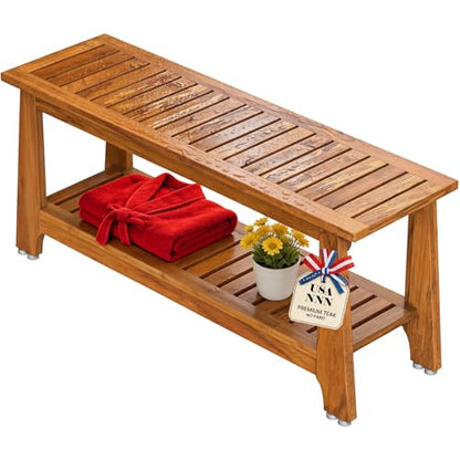 NNN 42" Commercial Heavy Duty Teak Shower Bench, Patented, Non-Slip Stable | with 8 Japan-Made Non-Slip Leveling Feet, Mortise-Tenon Legs 350lb, Pre-Oiled European Teak Oil, Marine-Grade Hardware - size: 42"W x 14" Dx 18"H