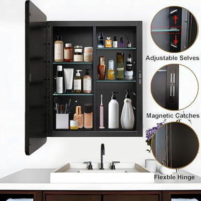 Black Medicine Cabinet 24x30 inch, Bathroom Mirror with Storage, Recessed or Wall Mounted Farmhouse Cabinets, Metal Framed Adjustable Shelves, One Door Open Left or Right - size: 24x30