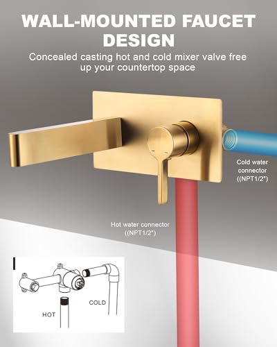 Wall Mount Bathroom Faucet, Single Handle Bathroom Sink Faucet | Gold Single Handle Wall Bathroom Vanity Faucet, Long Spout, Rough-in Brass Valve, Basin Faucet for Vessel Sink Lavatory