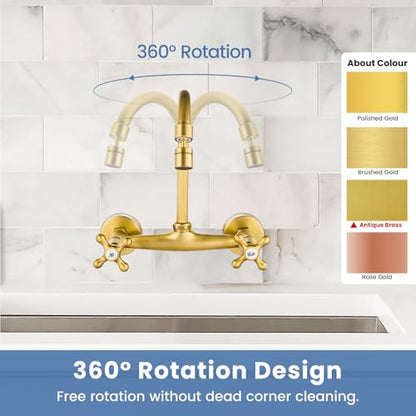 Airuida Antique Brass Wall Mounted Kitchen Faucet,Utility Sink Faucet | 8 Inch Adjustable Center,360° Swivel Spout,Wall Mount Commercial Faucet,Double Cross Handle - color: Antique Brass