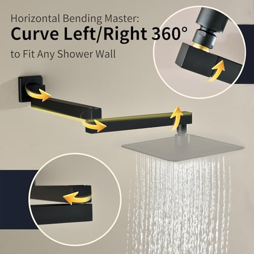 18.5 Inches Straight Extended Pivoting Shower Arm With Flange, Rain Shower Head Extension Arm, Square 360°Swiveling Foldable Shower Arm, Wall-Mounted Matte Black Stainless Steel ﻿