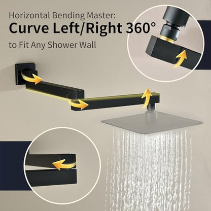 18.5 Inches Straight Extended Pivoting Shower Arm With Flange, Rain Shower Head Extension Arm, Square 360°Swiveling Foldable Shower Arm, Wall-Mounted Matte Black Stainless Steel ﻿