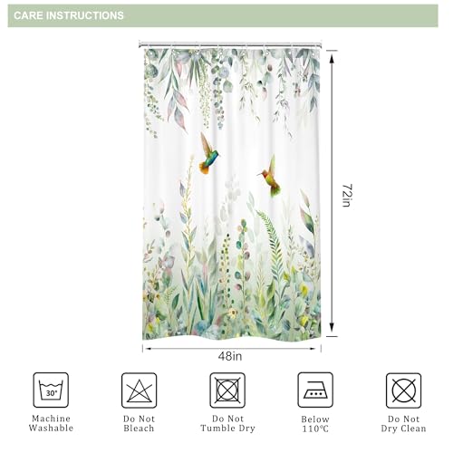 Sage Green Eucalyptus Stall Narrow Hummingbird Bathroom Shower Curtain Set | 48"W x 72"H Plants Botanical; waterproof HD print, quick-dry fabric with 12 free hooks for easy hanging. - color: A-sage Green, size: 48"W x 72"L (Pack of 1)